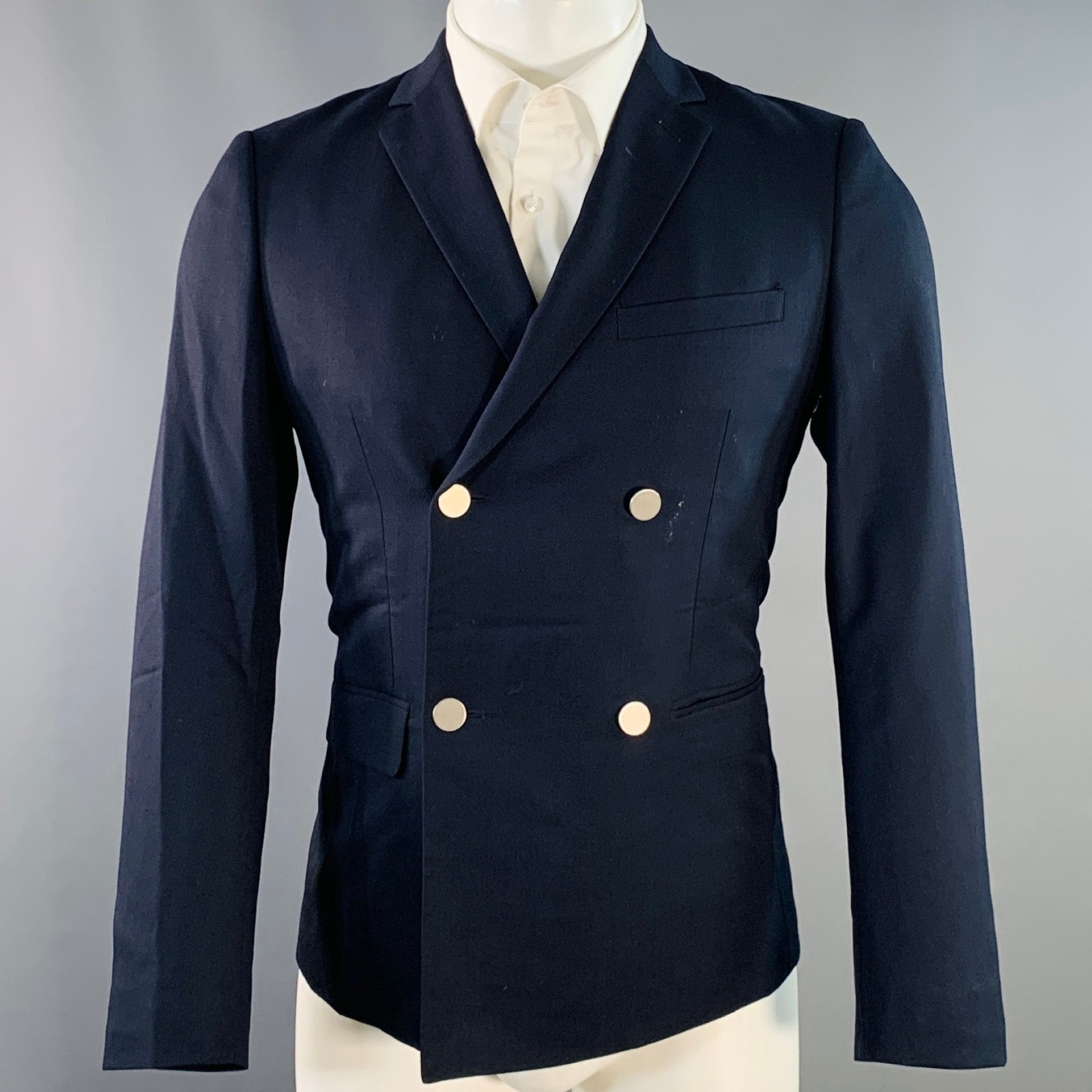 Theory Size 36 Short Wellar Navy Woven Wool Blend Double Breasted Sport Coat